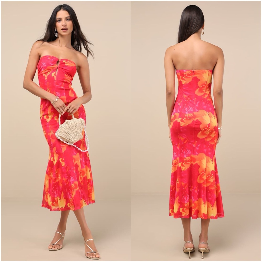 NWT Lulu's Strapless Midi Dress in Hot Pink and Yellow Floral